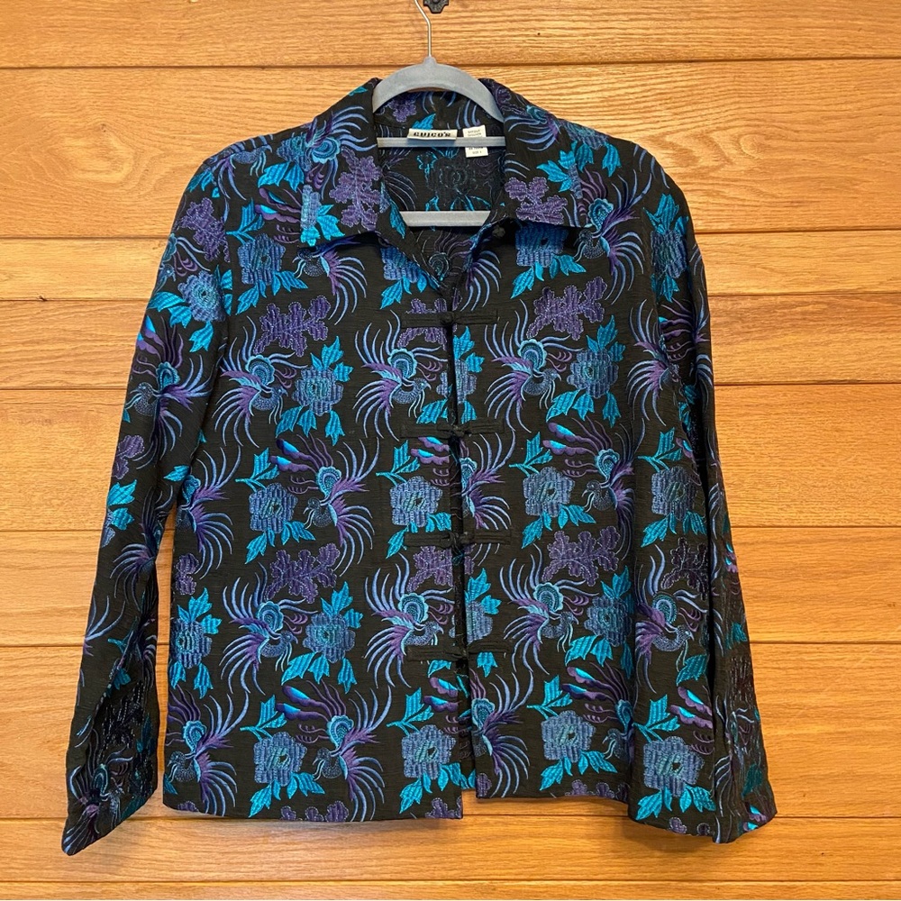 Chico's bird floral embroidered oriental style silk linen blend jacket